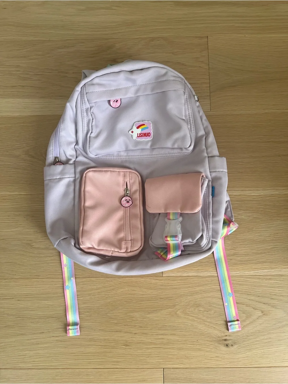 Lisinuo Kids Pastel Pink & Purple Backpack with Rainbow Straps -